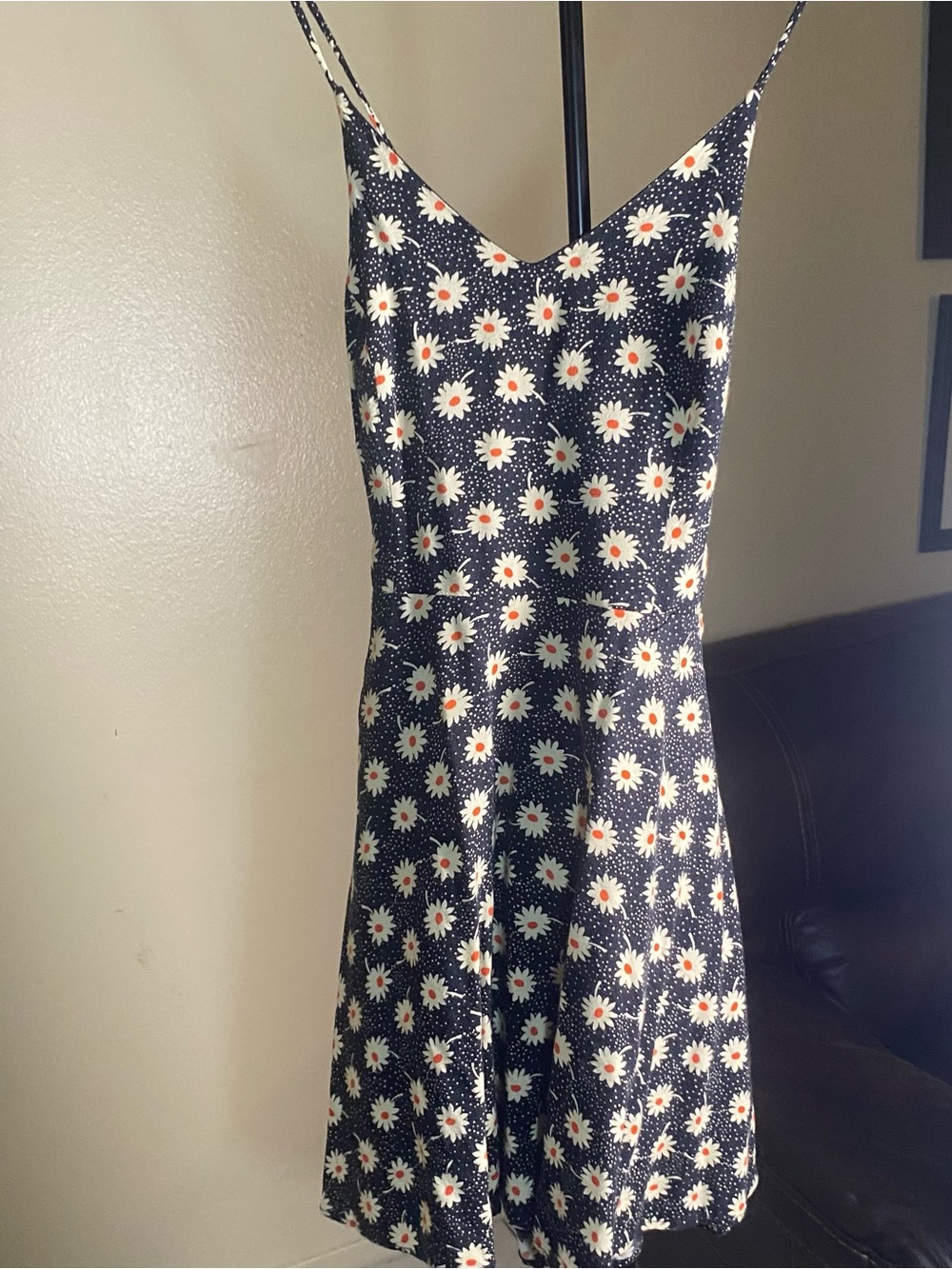 Lush Black Mini Dress with White Daisy Print and Orange Centers